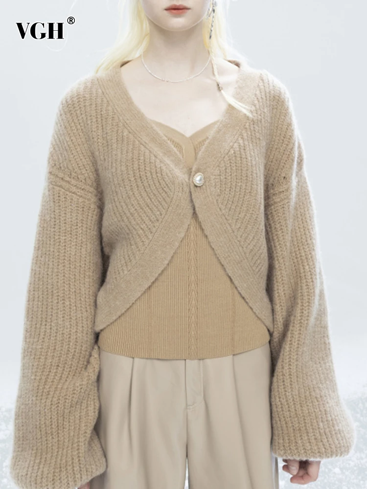 

VGH Autumn Fashion Solid Sweater For Women V Neck Batwing Sleeve Backless Single Button Lace Up Open Stitch Female 2022 Clothing