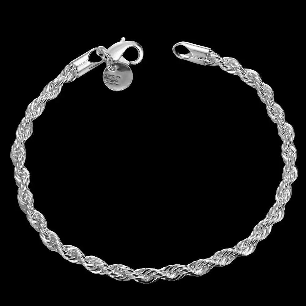 

Fashion charm 925 Stamp Silver color Bracelet for man woman 4MM Twisted rope chain fine jewelry Wedding party Christmas gift