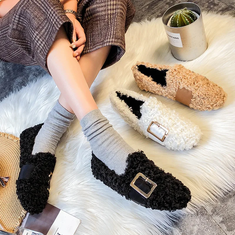 Women's Plush Shoes, Winter Wear 2022 New All-match Sheep Curly Slip-on Plus Velvet Beanie Shoes Women's Plus Size 41-43