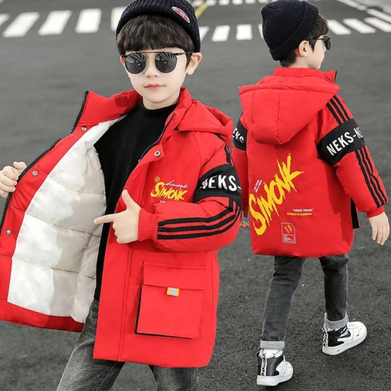 

Winter Boys Cotton Padded Clothes Handsome Coat Thickened Parkas Kids Outerwear 11 12 13 14 Years Old Letter Hooded Down Jackets