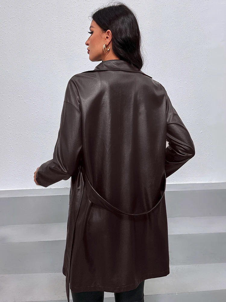 Autumn Winter Faux Leather Blazer Women Fashion Moto Biker Pu Leather Jacket Elegant Belted Long Cardigan Casual Streetwear 2022