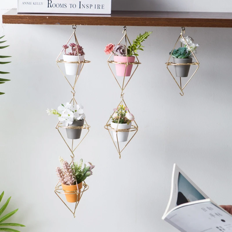 Ins Nordic Flower Pot Simple Golden Frame Hanging Small Succulent Pots Decorative Balcony Ceramic Plant Holder Wall Planter |
