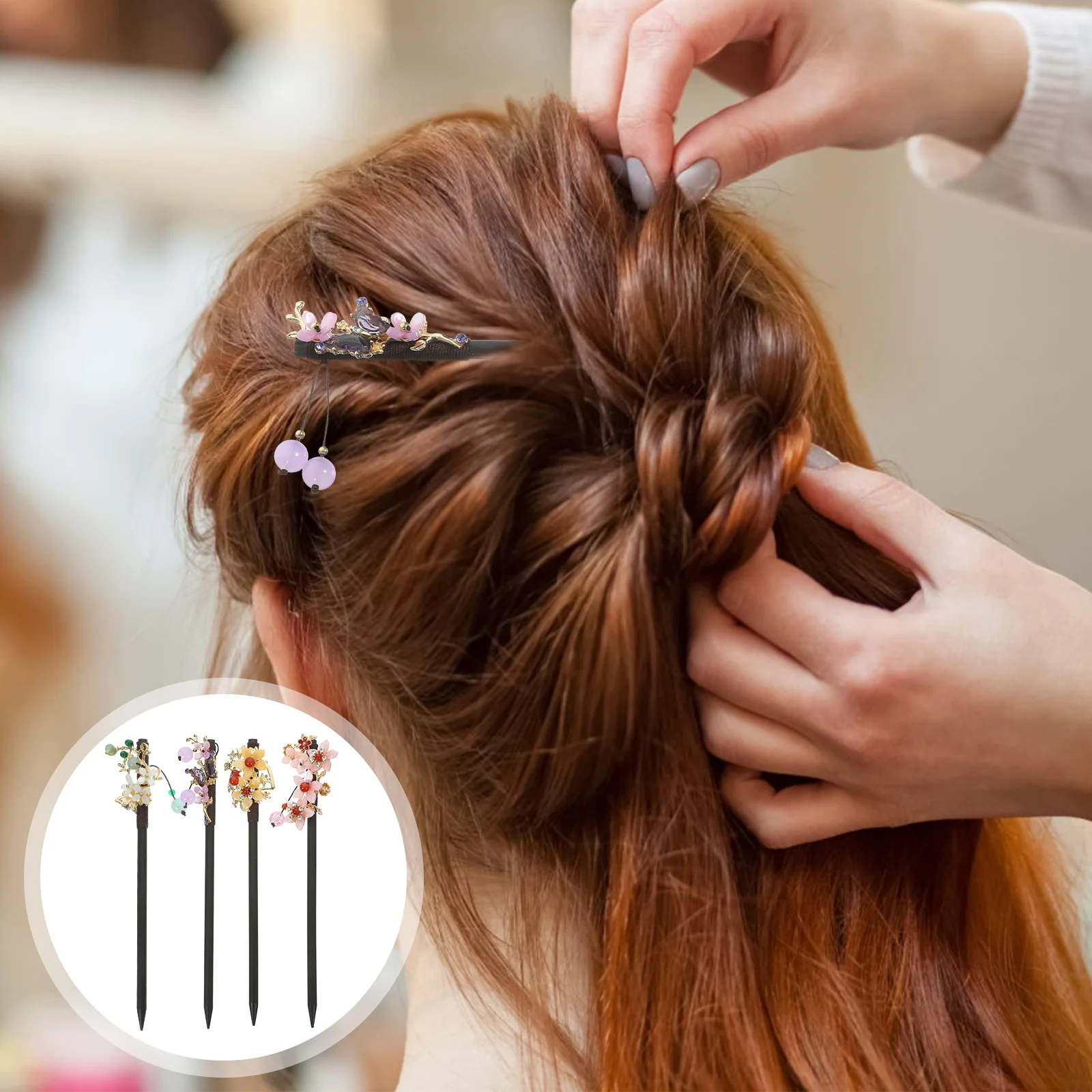 

4 Pcs Decor Chinese Hair Sticks Style Flower Women Metal Floral Accessories Miss