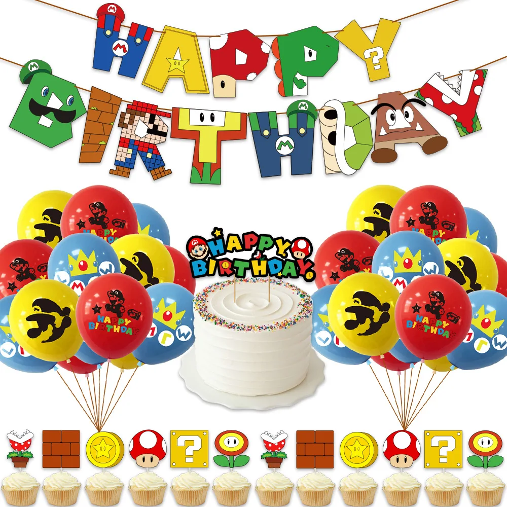 

Game Super Mario Figures Birthday Party Decoration Set Luigi Bros Balloons Pull Flag Banner Cake Card Supplies Children Toy Gift