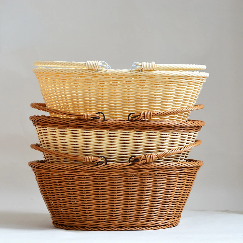 

Imitation Rattan Hand-Woven Storage Basket Outdoor Fruit Picking Home Storage Shopping Vegetable Woven Picnic Laundry Basket