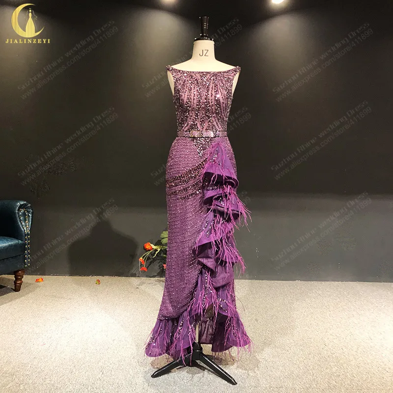 

2480 Ziad Nakad Luxurious Purple Beaded Mother Dress Feather robes de soirée femme vestidos de noche Evening dresses