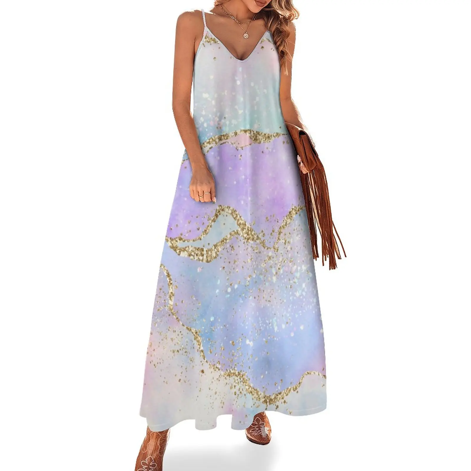 

Elegant Marble Dress Glold Glitter Print Club Maxi Dress V Neck Casual Long Dresses Strap Aesthetic Oversize Vestido