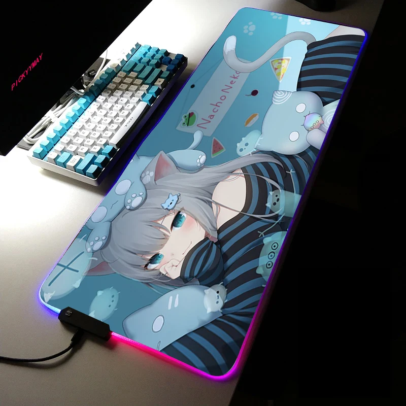 

Anime Gril Mousepad RGB Glowing USB LED with Backlit Kawaii mousepads Keyboard For Computers Desktops For Computer mouse pad