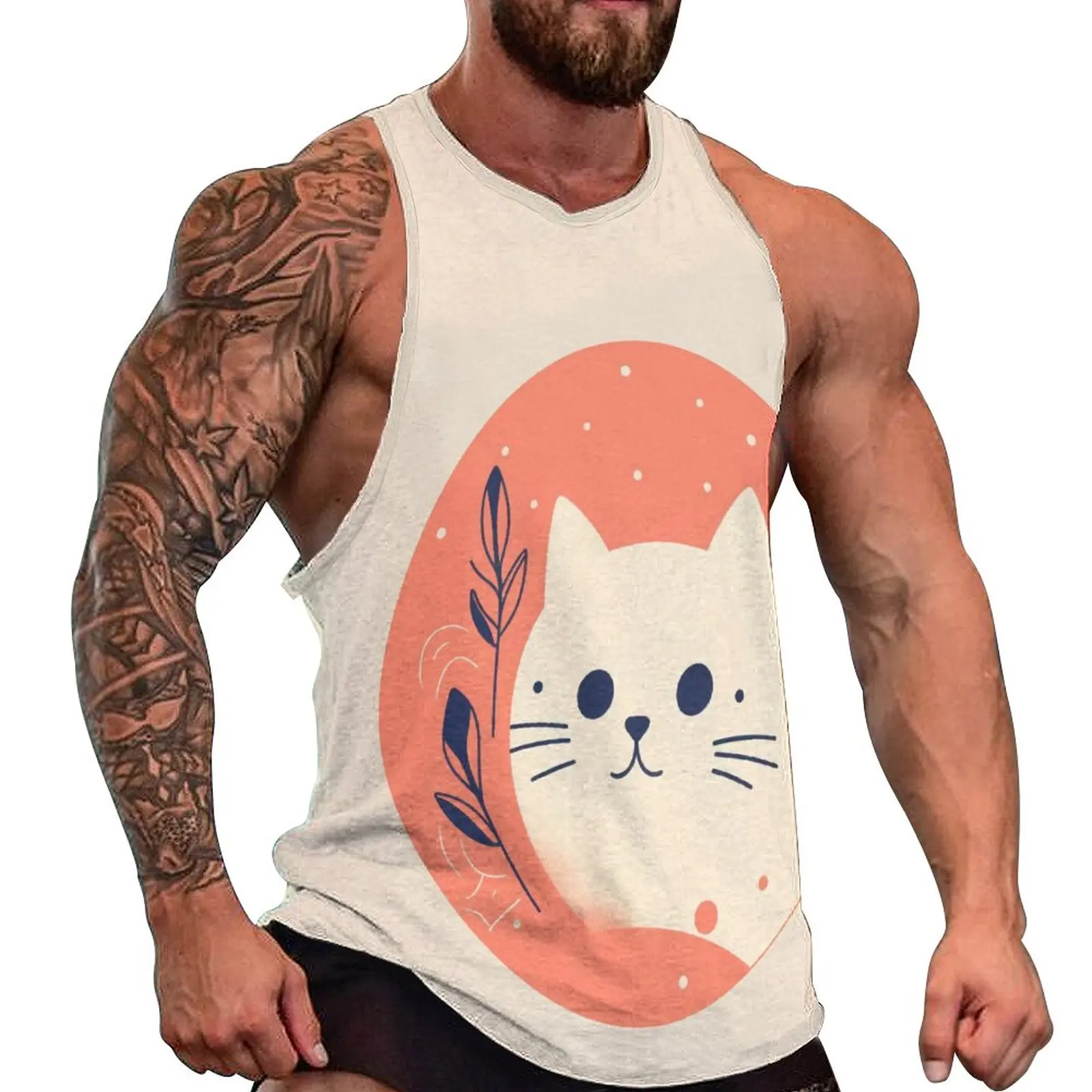

Cat Tank Top Males Cute Simple Circle Gym Oversized Tops Summer Sportswear Printed Sleeveless Shirts