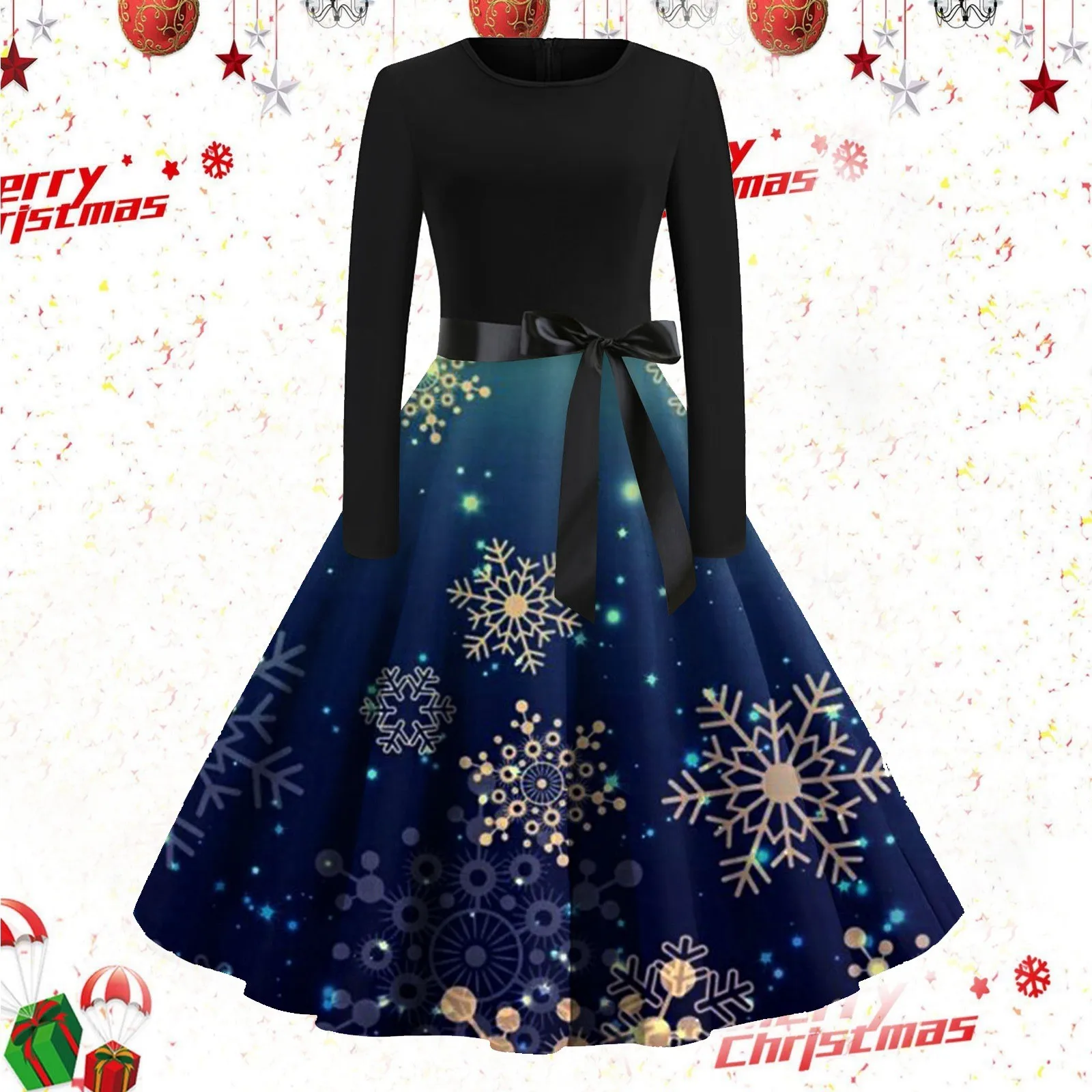 

Womens Dressy Casual Dresses Ladies Round Neck Medium Long Sleeve Bow Zipper Christmas Dress plus Size Casual Dresses for Women