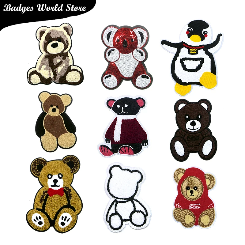 

Cute Animal Bear Koala Penguin Chenille Icon Towel Embroidery Applique Patches For Clothing DIY Iron on Badges on the Backpack