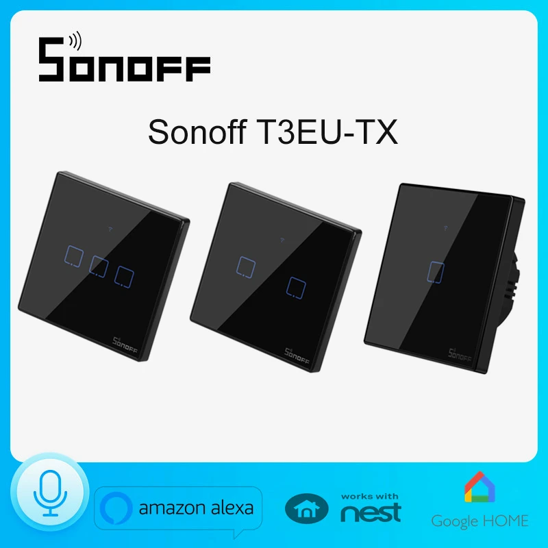 Фото Умный настенный выключатель Sonoff T3EU серии TX на 1/2/3 кнопки с радиоуправлением 433 МГц и Wi-Fi, совместимый с Alexa и Google Home №2