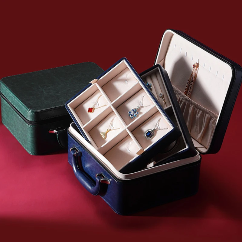 Large Capacity Jewelry Suitcase Double Layer Leather Jewelry Storage Box Commercial Home Display Collection