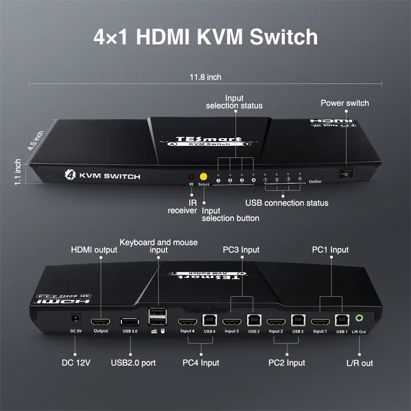 TESmart 4-портовый KVM-переключатель HDMI 4K60Hz с EDID, поддержка 4 ПК и 1 монитора, USB 2.0, аудиовыход, KVM-переключатели 4x1 (art.: 3920dcacae8a2) - 3920dcacae8a2