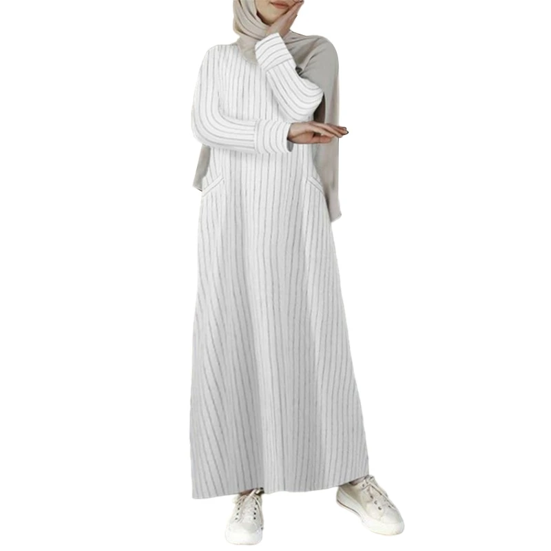 

Women Muslim Cotton Linen A-Line Maxi Dress Long Sleeve Striped Abaya Turkey Hijab Robe Islamic Kaftan with Pockets