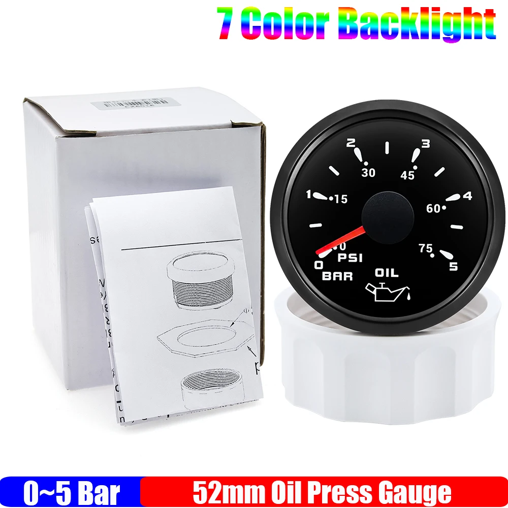 

Автомобильный манометр масла 2 дюйма, 52 мм, 7 цветов, подсветка, 0 ~ 5 бар, 0-10 бар, индикатор давления масла для автофургона, морской лодки, 12 В, 24 В, на заказ