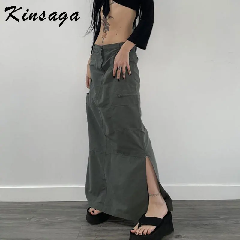 

Streetwear Gray Slit Long Skirts Women Vintage Harajuku Zipper Pocket Gray Cargo Skirts Y2k Low Waisted Loose Fairycore Bottoms