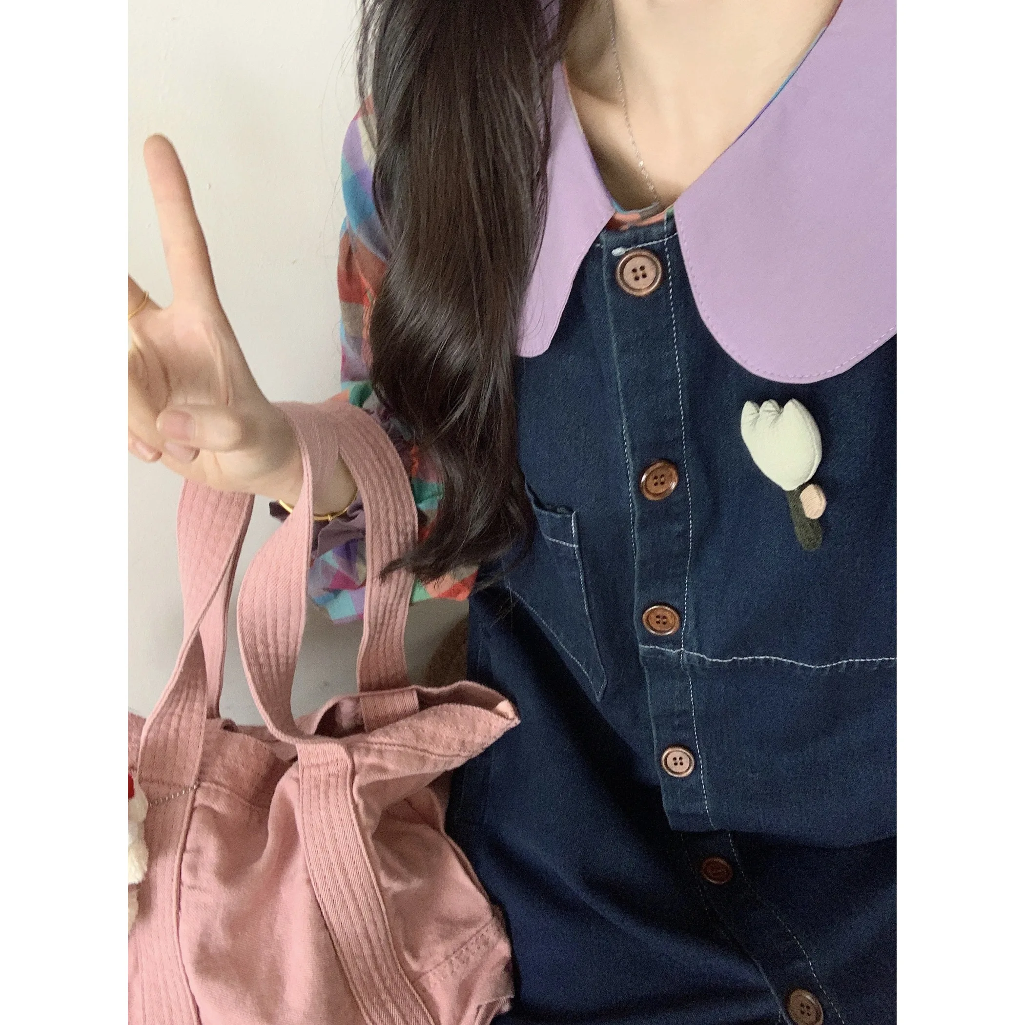 Корейская серия Ретро Контрастный цвет Кукольный воротник Радужные клетчатые