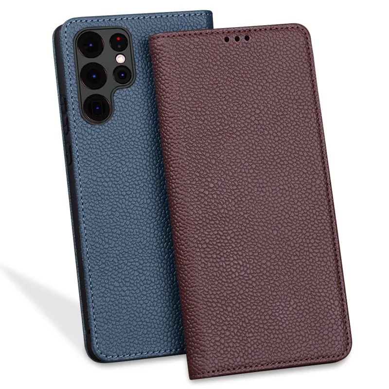 

Original Genuine Leather Flip Case For Samsung Galaxy S22 Ultra Litchi Grain Smart Stand Holder Fine Hole Camera Hole Full Cover