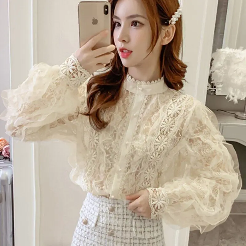 

Spring Vintage Women's Shirts Stand See-through Lace Long Sleeve Shirt Tops