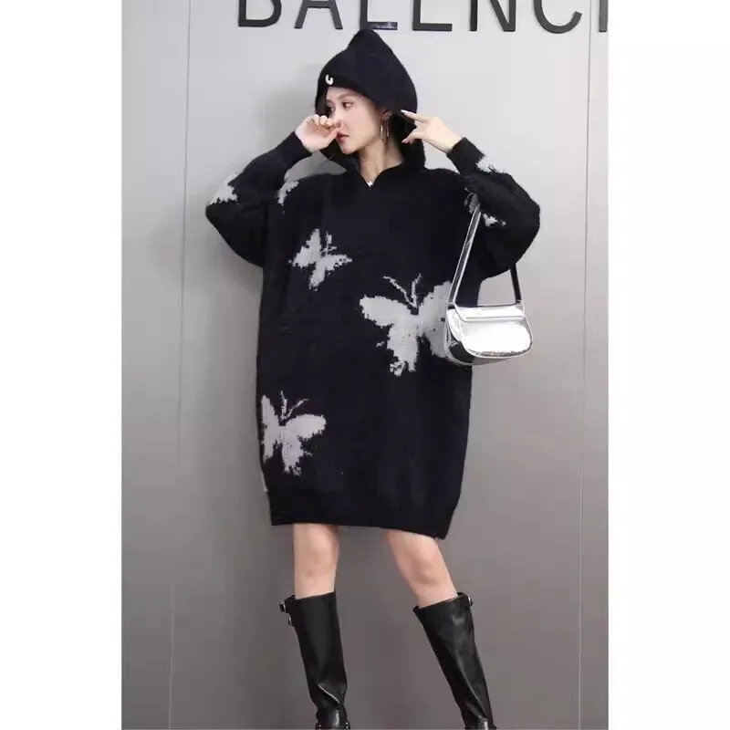 QING MO черный весна-осень 2023 новый женский пуловер с принтом бабочки свитер средней