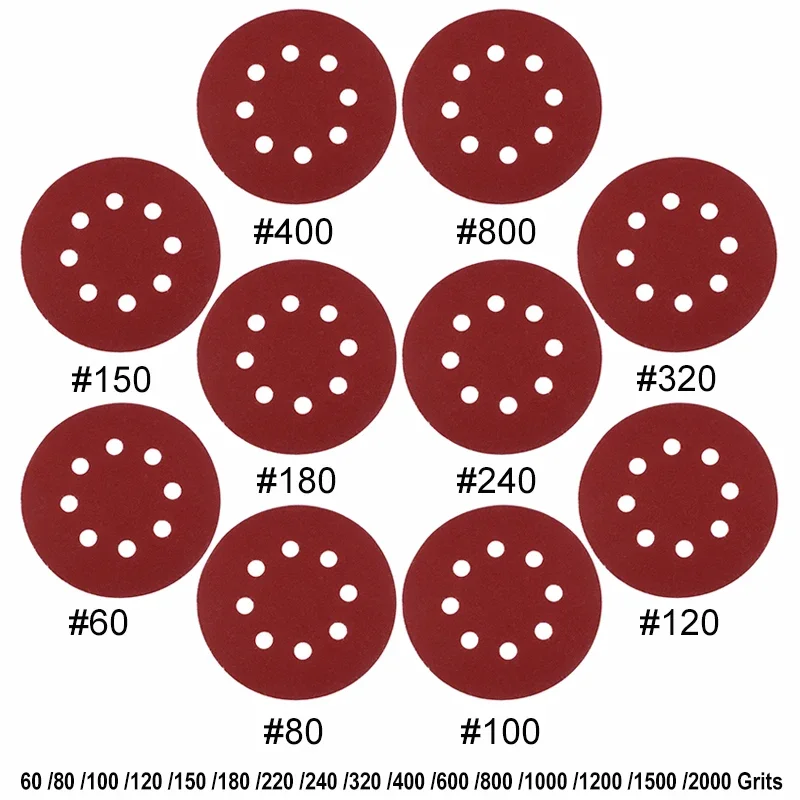 5/10 шт., 5 дюймов, 125 мм, круглая наждачная бумага, диск с восемью отверстиями, шлифовальные листы, зернистость 60-2000, шлифовальный диск на липучке, полировальная наждачная бумага