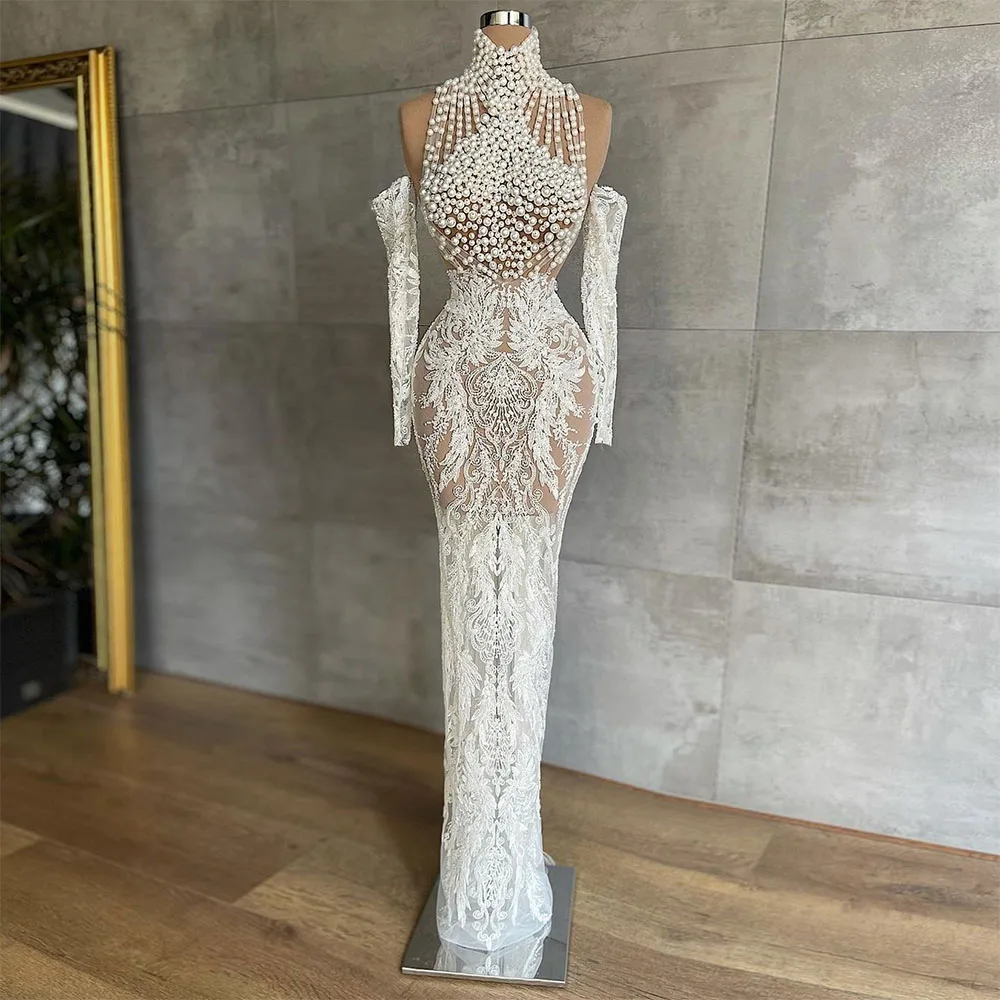 

Sevintage Gorgeous Pearls Mermaid Prom Dresses Lace Appliques High Neck Long Sleeves Evening Gowns Saudi Arabic Formal Dress