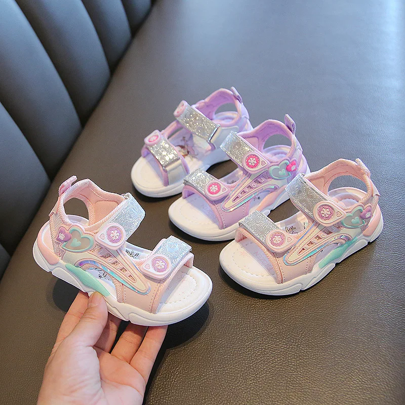 Summer Girls Sandles Soft Bottom Anti Slip Lightweight Sequin Shiny Cute Cartoon Baby Girl Princess Flat Sandals Shoes 21-32