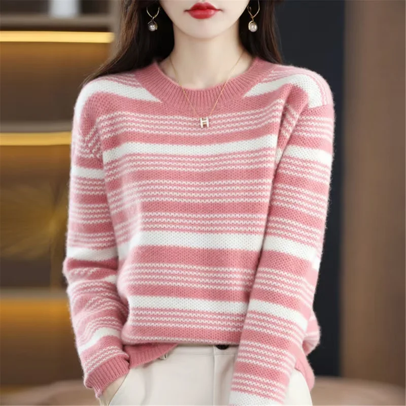 

Retro Knitted Striped O-Neck Bottoming Sweater for Women 2023 Autumn Winter New Elegant Inner Pullover Sweaters Women