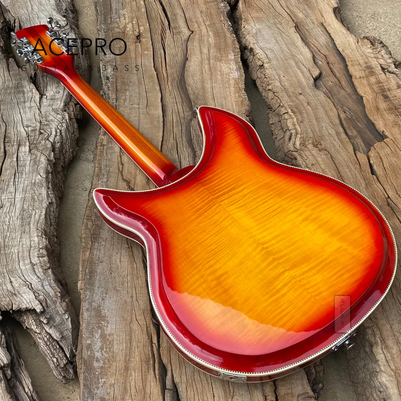 

Rick 381 Electric Guitar, 12 String Cherry Sunburst Color, Body Top and Back with Flame Maple, R Tailpiece, High Quality Guitarr