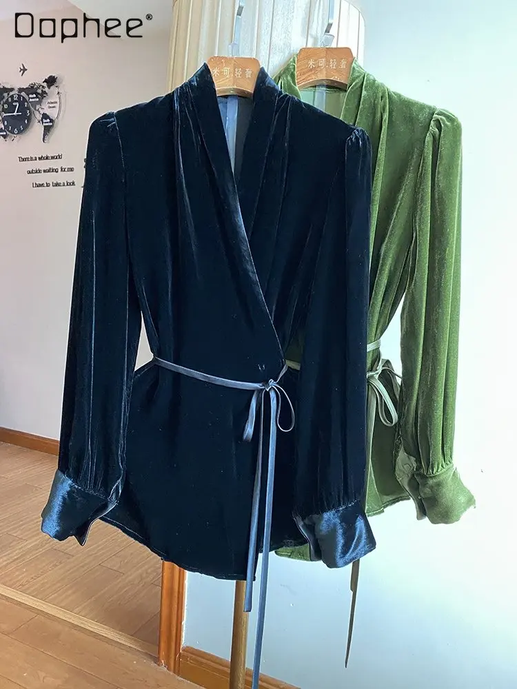 

Femmes Goddess Silk Velvet V-neck Blouse Elegance High-End Autumn and Winter New Lace-up Wrap Capable Tops Women 2022 Luxury