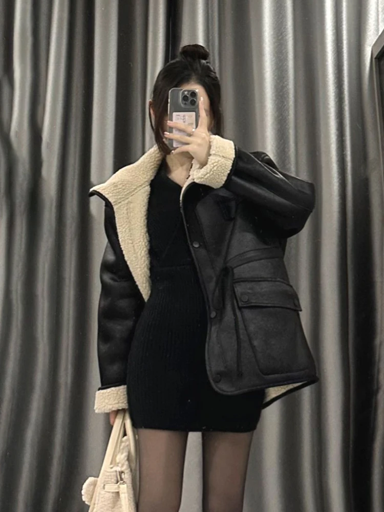 Замшевое пальто из овечьей шерсти двойная одежда утепленное Женское зимнее