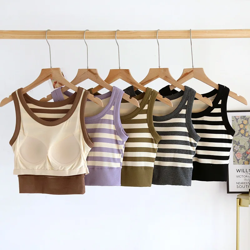 

Ribbed Women's Camisole Striped Color Patchwork Sleeveless Crop Top with Padded Bust Wireless Tank & Tops Female Camis C5555