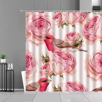 european pastoral floral shower curtain pink flowers green leaf plants print waterproof fabric with hooks bathroom bath curtains