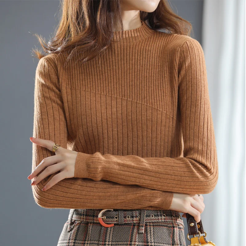 

Осенне-зимний новый шерстяной свитер, Женский пуловер с полувысоким воротником, Повседневные вязаные топы с рисунком в полоску, кашемировый женский свитер