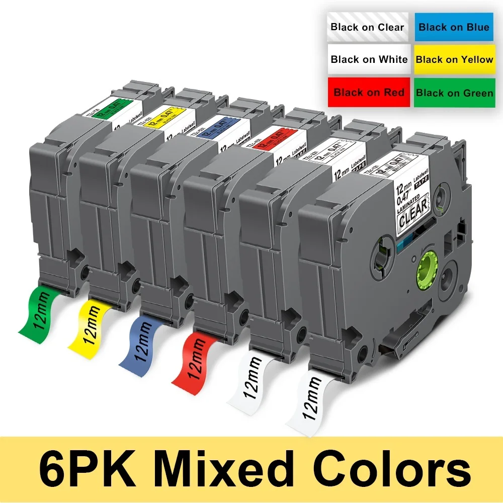 

NEW Labelwell 6PK 12mm 231 Laminated labe tape Multicolors for 231 131 631 431 531 731 831 Replace for Brother PTH110 Label