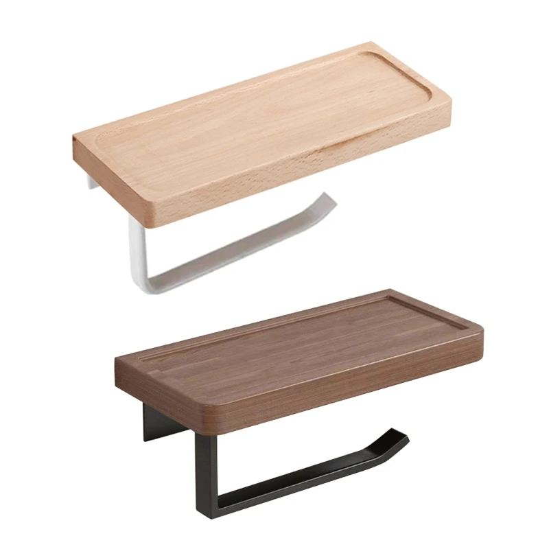 

Wall-mounted Tissue Holder with Wood Tray Rustproof Toilet Paper Holder Bathroom Phone Storage Toilet Paper Dispenser DropShip