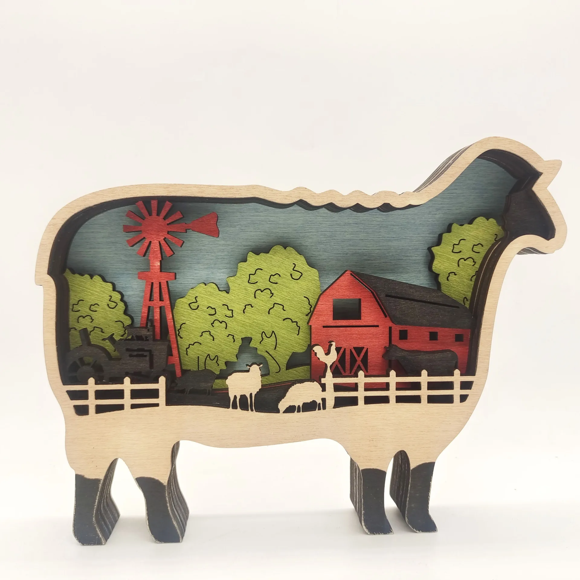 

New creative farm animal home decoration wood carving farm cattle sheep pig desktop crafts decoration