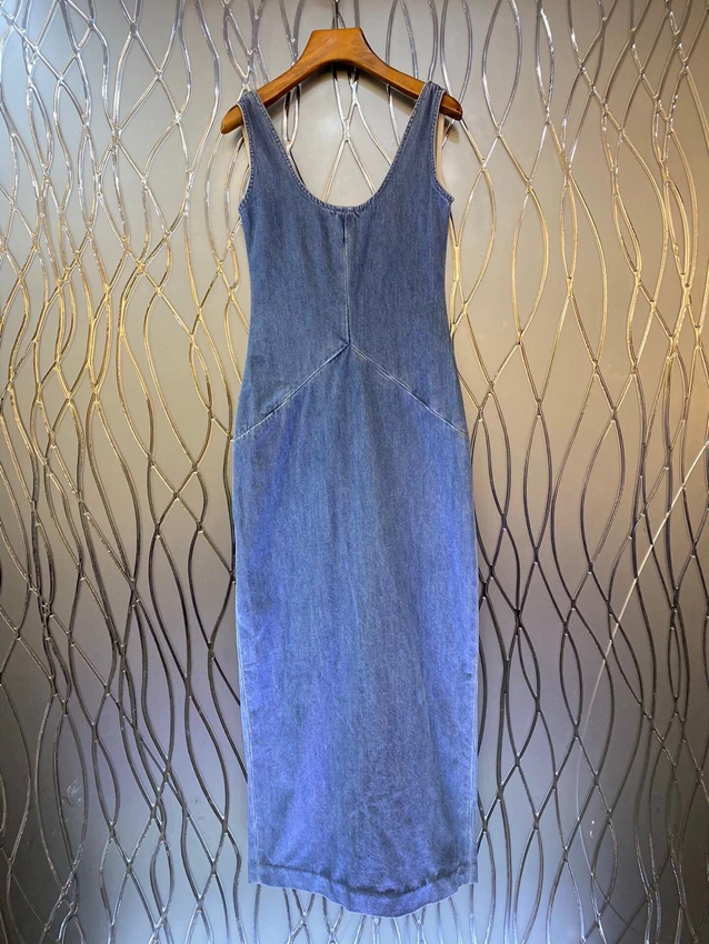 

Женское джинсовое платье без рукавов, длинное облегающее платье с круглым вырезом, 2023