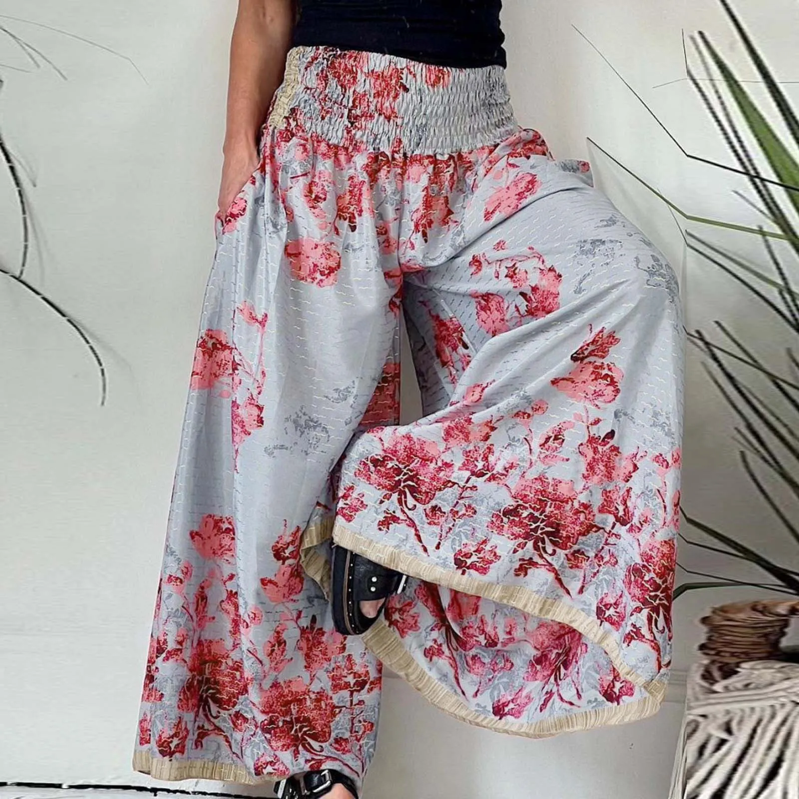 

Bohemian Flower Print Pants Womens Loose Wide Leg Straight Trousers Elastic High Waist Harem Trousers Boho Leisure Pantalones