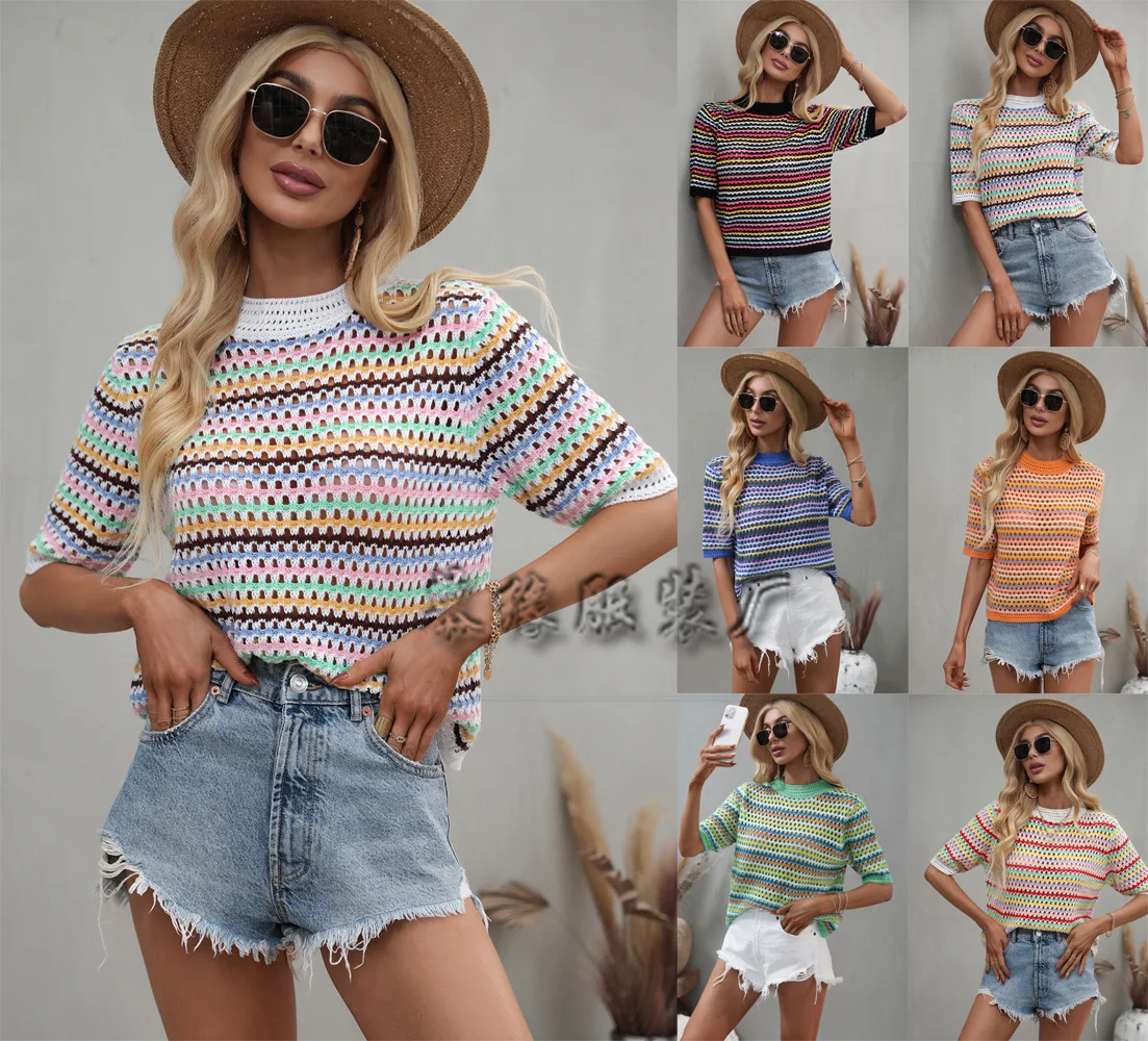 

Rainbow Hollow Out Knitwear Women See-through Striped T-Shirts Summer Boho Beach Style Cover-ups Crop Tops Y2k