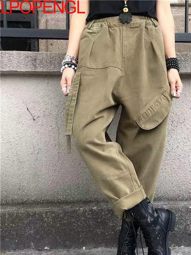 

New Vintage Streetwear Cross-pants Women Overalls Harem Casual Pants Spring 2022 Patchwork Cotton Baggy Pants Female Trousers