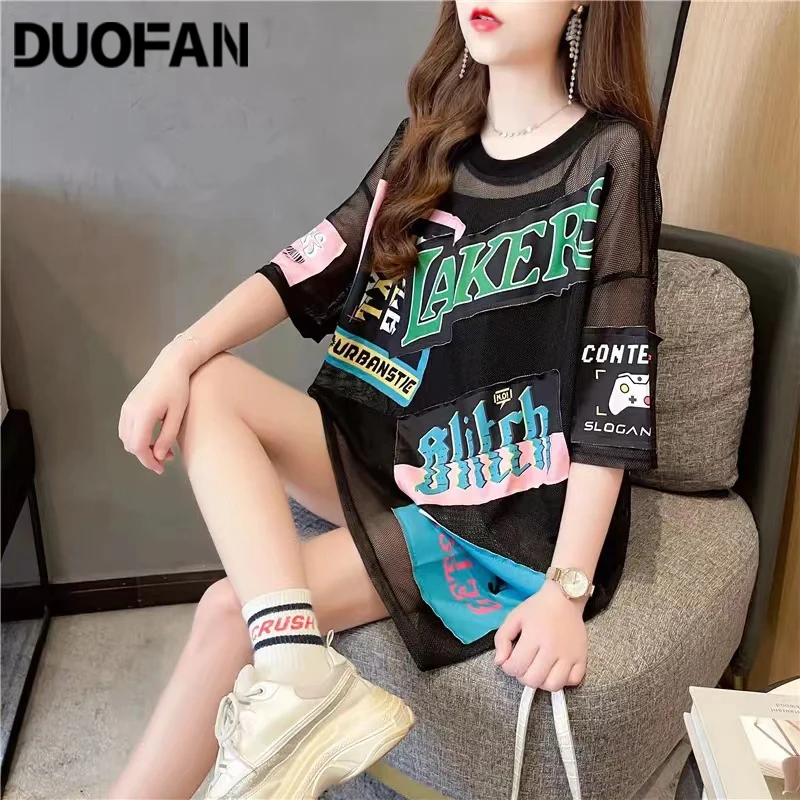 

Женская футболка с коротким рукавом DUOFAN, летняя Кружевная футболка средней длины с круглым вырезом