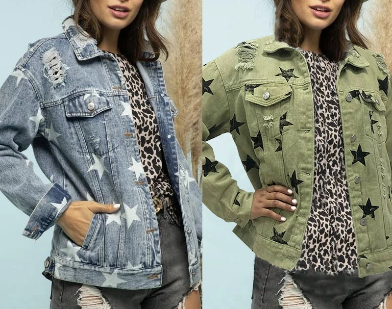 

Women's Denim Jacket 2022 Spring and Autumn New Fashion Holes and Loose Stars Loose Lapel Button Denim Jacket