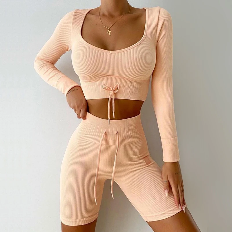 

Seamless Knitted Yoga Set Sexy Long Sleeve Top High Waist Drawstring Shorts Two Piece Set Women Wokout Outfit Fitness Clothing
