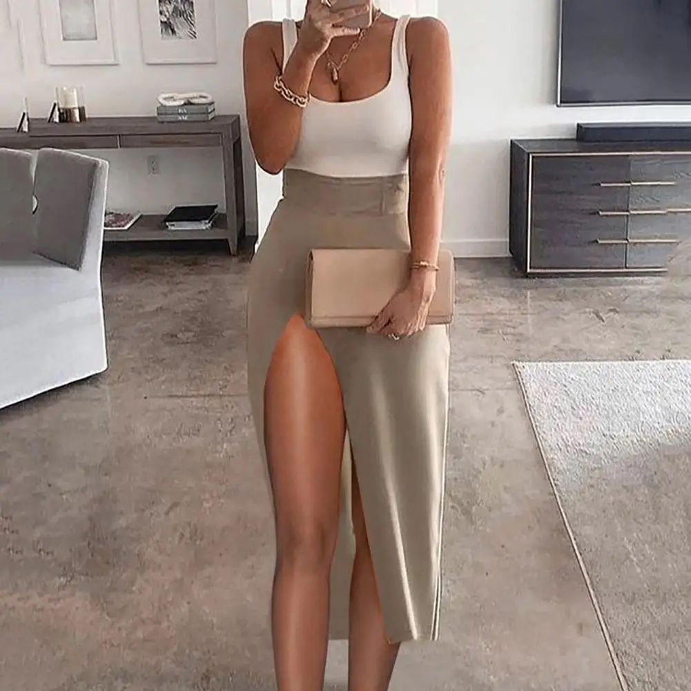 

Sexy All-match High Slit Design Vest Dress Slim Fit Low Cut Long Dress Breathable Patchwork Women Sundress for Daily Life