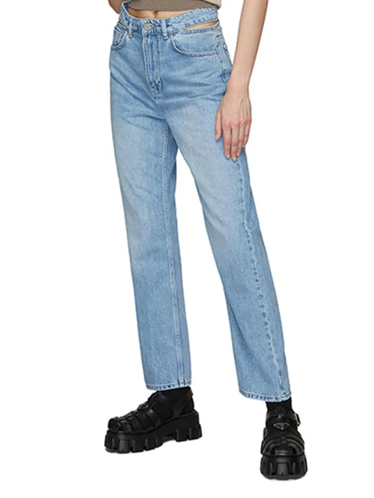 

Женские джинсы с вырезами на талии, хлопковые свободные прямые джинсовые брюки до щиколотки с высокой талией, новинка весны-лета 2023