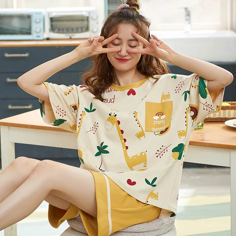 100% Cotton Women Pajamas Sets Striped Pyjamas Famale Loungewear Pijamas Short Sleeve T-Shirt Shorts Suit Sleepwear Nightwear