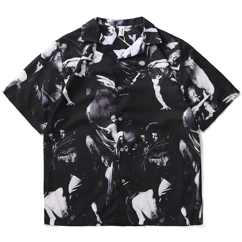 Men's Shirt Summer Short Sleeve Printed Blouse Hip Hop Oversized Casual Harajuku Streetwear Single-breasted Collar Tops Shirts