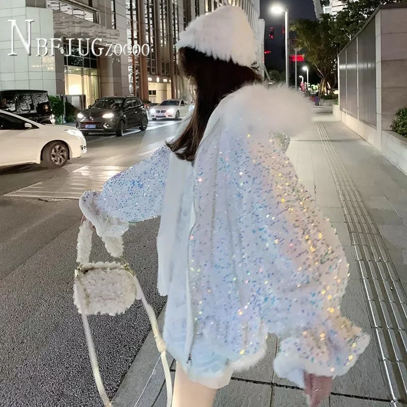 

Faux Fur Collar Sequin Women Coat Winter Lining with Fluff Fashion Female Parkas Jacket